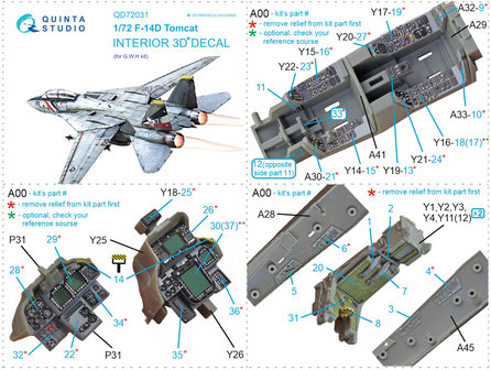 Quinta Studio QD72031 - F-14D 3D-Printed &amp; coloured Interior on decal paper (GWH) - 1:72