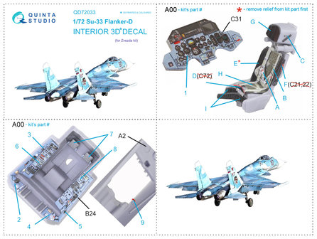 Quinta Studio QD72033 - Su-33 3D-Printed &amp; coloured Interior on decal paper (Zvezda) - 1:72