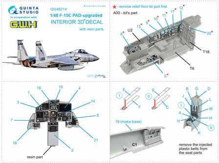 Quinta Studio QD48214 - F-15C PAD-upgraded 3D-Printed &amp; coloured Interior on decal paper with resin parts (for GWH kit) - 1:48