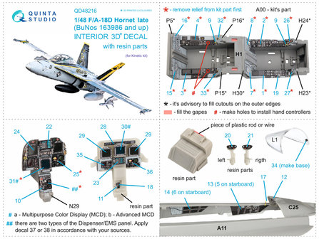 Quinta Studio QD48216 - F/A-18D Late 3D-Printed &amp; coloured Interior on decal paper with resin parts (for Kinetic kit) - 1:48