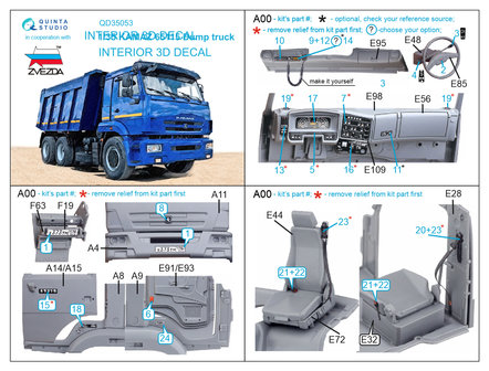 Quinta Studio QD35053 - KAMAZ 65115 Dump truck 3D-Printed &amp; coloured Interior on decal paper (for Zvezda kit) - 1:35