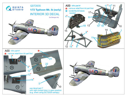 Quinta Studio QD72035 - Hawker Typhoon Mk.1b (early) 3D-Printed &amp; coloured Interior on decal paper (for Brengun kit) - 1:72