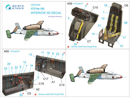 Quinta Studio QD72036 - He 162 3D-Printed &amp; coloured Interior on decal paper (for Special Hobby kit) - 1:72