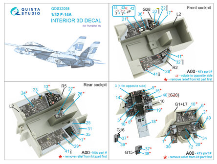 Quinta Studio QDS-32098 - F-14A 3D-Printed &amp; coloured Interior on decal paper (for Trumpeter kit) - Small Version - 1:32