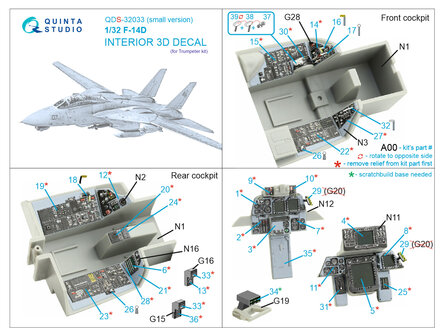 Quinta Studio QDS-32033 - F-14D 3D-Printed &amp; coloured Interior on decal paper (for Trumpeter kit) - Small Version - 1:32