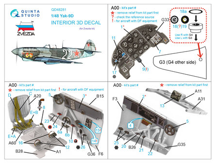 Quinta Studio QD48281 - Yak-9D 3D-Printed &amp; coloured Interior on decal paper (for Zvezda kit) - 1:48