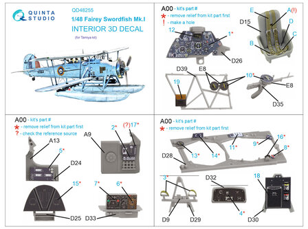 Quinta Studio QD48255 - Swordfish Mk.I 3D-Printed &amp; coloured Interior on decal paper (for Tamiya kit) - 1:48