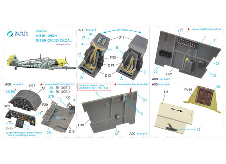 Quinta Studio QD48240 - Bf 109E-3/4 3D-Printed &amp; coloured Interior on decal paper (for Wingsy kits kit) - 1:48