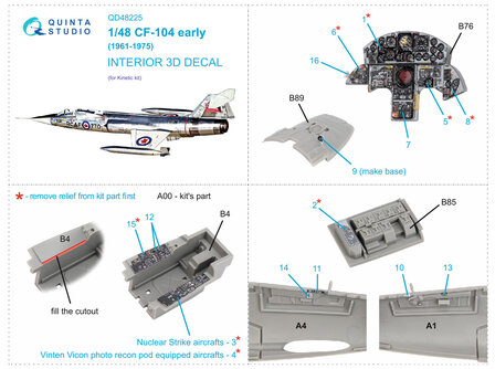 Quinta Studio QD48225 - CF-104 Early 3D-Printed &amp; coloured Interior on decal paper (for Kinetic kit) - 1:48