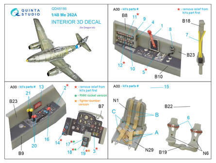 Quinta Studio QD48186 - Me 262A 3D-Printed &amp; coloured Interior on decal paper (for Dragon kit) - 1:48