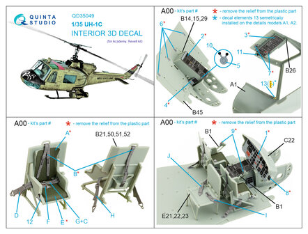 Quinta Studio QD35049 - UH-1C 3D-Printed &amp; coloured Interior on decal paper (for Academy kit) - 1:35