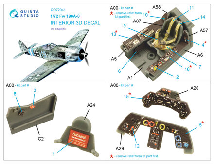 Quinta Studio QD72041 - Fw 190A-8 3D-Printed &amp; coloured Interior on decal paper (for Eduard) - 1:72