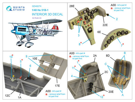 Quinta Studio QD48274 - He 51B 3D-Printed &amp; coloured Interior on decal paper (for Roden kit) - 1:48