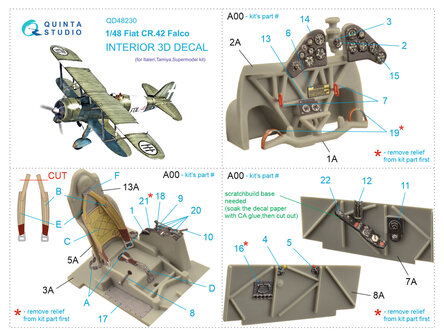 Quinta Studio QD48230 - Fiat CR.42 3D-Printed &amp; coloured Interior on decal paper (for Italeri kit) - 1:48