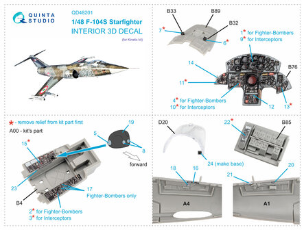 Quinta Studio QD48201 - F-104S 3D-Printed &amp; coloured Interior on decal paper (for Kinetic kit) - 1:48