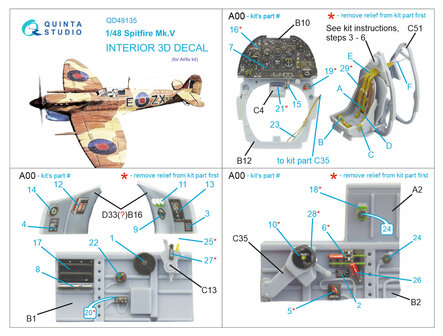 Quinta Studio QD48135 - Spitfire Mk.V 3D-Printed &amp; coloured Interior on decal paper (Airfix kit) - 1:48