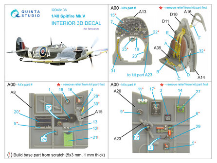 Quinta Studio QD48136 - Spitfire Mk.V 3D-Printed &amp; coloured Interior on decal paper (Tamiya kit) - 1:48