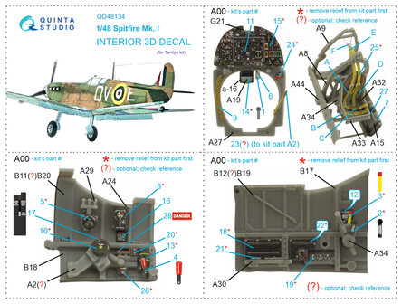 Quinta Studio QD48134 - Spitfire Mk.I 3D-Printed &amp; coloured Interior on decal paper (for Tamiya kit) - 1:48