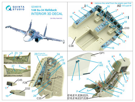 Quinta Studio QD48018 - Su-34 3D-Printed &amp; coloured Interior on decal paper (for Kitty Hawk kit) - 1:48