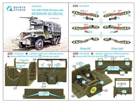 Quinta Studio QD35052 - GMC CCKW 353 (open cab) 3D-Printed &amp; coloured Interior on decal paper (for Tamiya kit) - 1:35