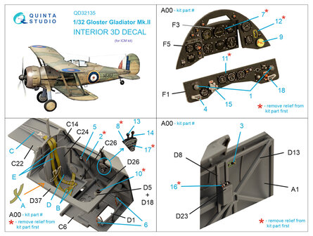 Quinta Studio QD32135 - Gloster Gladiator Mk II 3D-Printed &amp; coloured Interior on decal paper (for ICM kit) - 1:32