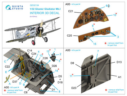 Quinta Studio QD32134 - Gloster Gladiator Mk I 3D-Printed &amp; coloured Interior on decal paper (for ICM kit) - 1:32