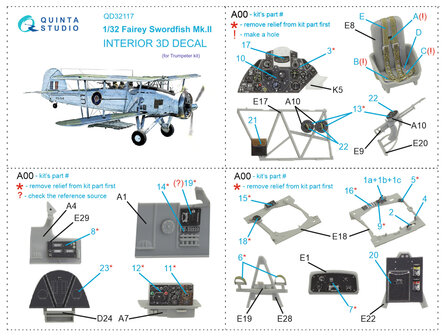 Quinta Studio QD32117 - Fairey Swordfish Mk.II 3D-Printed &amp; coloured Interior on decal paper (for Trumpeter kit) - 1:32