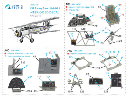 Quinta Studio QD32115 - Fairey Swordfish Mk.I 3D-Printed &amp; coloured Interior on decal paper (for Trumpeter kit) - 1:32