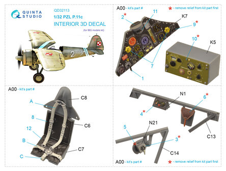 Quinta Studio QD32113 - PZL P.11c 3D-Printed &amp; coloured Interior on decal paper (for IBG model kit) - 1:32