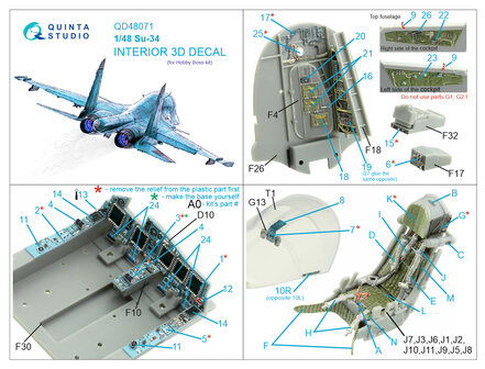 Quinta Studio QD48071 - Su-34 3D-Printed &amp; coloured Interior on decal paper (for HobbyBoss kit) - 1:48