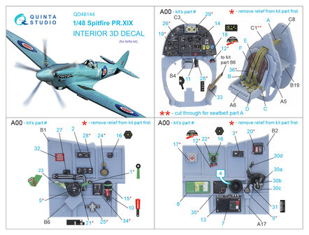 Quinta Studio QD48144 - Spitfire PR.XIX 3D-Printed &amp; coloured Interior on decal paper (for Airfix kit) - 1:48