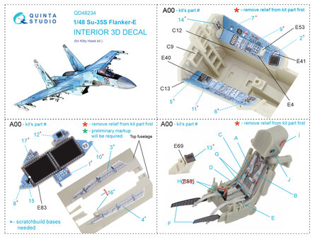 Quinta Studio QD48234 - Su-35S 3D-Printed &amp; coloured Interior on decal paper (for KittyHawk kit) - 1:48