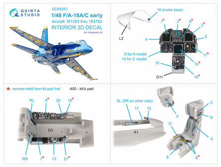 Quinta Studio QD48283 - F/A-18A / C early 3D-Printed &amp; coloured Interior on decal paper (for Hasegawa kit) - 1:48