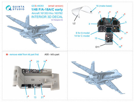 Quinta Studio QDS-48283 - F/A-18A / C early 3D-Printed &amp; coloured Interior on decal paper (for Hasegawa kit) - Small Version - 1:48