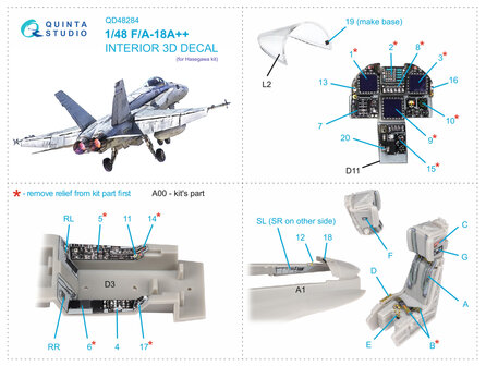 Quinta Studio QD48284 - F/A-18A++ 3D-Printed &amp; coloured Interior on decal paper (for Hasegawa kit) - 1:48