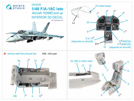 Quinta Studio QD48302 - F/A-18C late 3D-Printed &amp; coloured Interior on decal paper (for Hasegawa kit) - 1:48