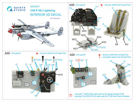 Quinta Studio QD48327 - P-38J 3D-Printed &amp; coloured Interior on decal paper (for Tamiya kit) - 1:48