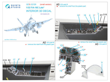 Quinta Studio QDS-32109 - F/A-18C Late 3D-Printed &amp; coloured Interior on decal paper (for Academy kit) - Small Version - 1:32