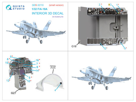 Quinta Studio QDS-32110 - F/A-18A 3D-Printed &amp; coloured Interior on decal paper (for Academy kit) - Small Version - 1:32