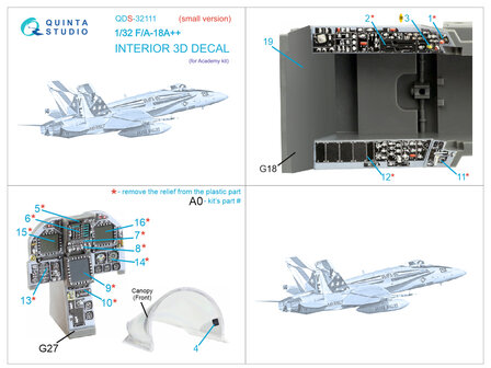 Quinta Studio QDS-32111 - F/A-18A++ 3D-Printed &amp; coloured Interior on decal paper (for Academy kit) - Small Version - 1:32