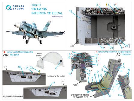 Quinta Studio QD32110 - F/A-18A 3D-Printed &amp; coloured Interior on decal paper (for Academy kit) - 1:32