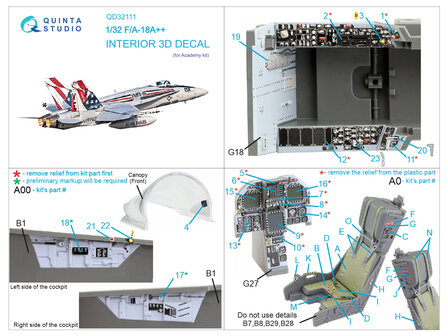 Quinta Studio QD32111 - F/A-18A++ 3D-Printed &amp; coloured Interior on decal paper (for Academy kit) - 1:32