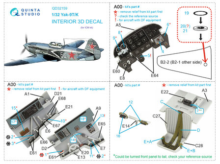 Quinta Studio QD32159 - Yak-9 T/K 3D-Printed &amp; coloured Interior on decal paper (for ICM kit) - 1:32