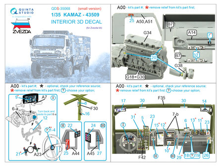 Quinta Studio QDS-35068 - KAMAZ-43509 3D-Printed &amp; coloured Interior on decal paper (for Zvezda kit) - Small Version - 1:35