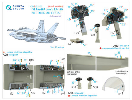 Quinta Studio QDS-32100 - F/A-18F late / EA-18G 3D-Printed &amp; coloured Interior on decal paper (for Trumpeter kit) - Small Version - 1:32