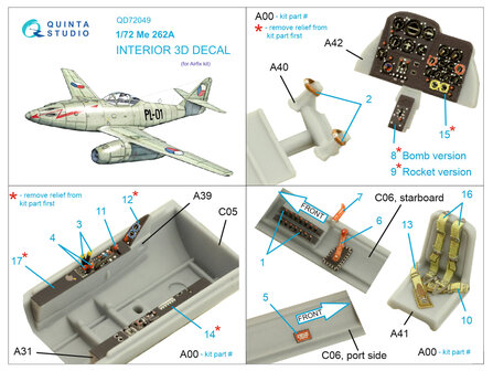 Quinta Studio QD72049 - Me-262A 3D-Printed &amp; coloured Interior on decal paper (for Airfix kit) - 1:72