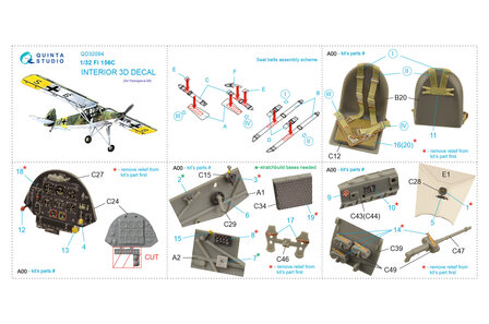 Quinta Studio QD32094 - Fi 156C 3D-Printed &amp; coloured Interior on decal paper (for Hasegawa kit) - 1:32