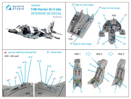 Quinta Studio QD48304 - Harrier Gr.3 late 3D-Printed &amp; coloured Interior on decal paper (for Kinetic kit) - 1:48