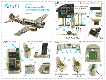 Quinta Studio QD48333 - Avro Anson Mk.I 3D-Printed &amp; coloured Interior on decal paper (for Airfix kit) - 1:48