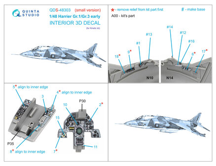 Quinta Studio QDS-48303 - Harrier Gr.1/Gr.3 Early 3D-Printed &amp; coloured Interior on decal paper (for Kinetic kit) - Small Version  - 1:48